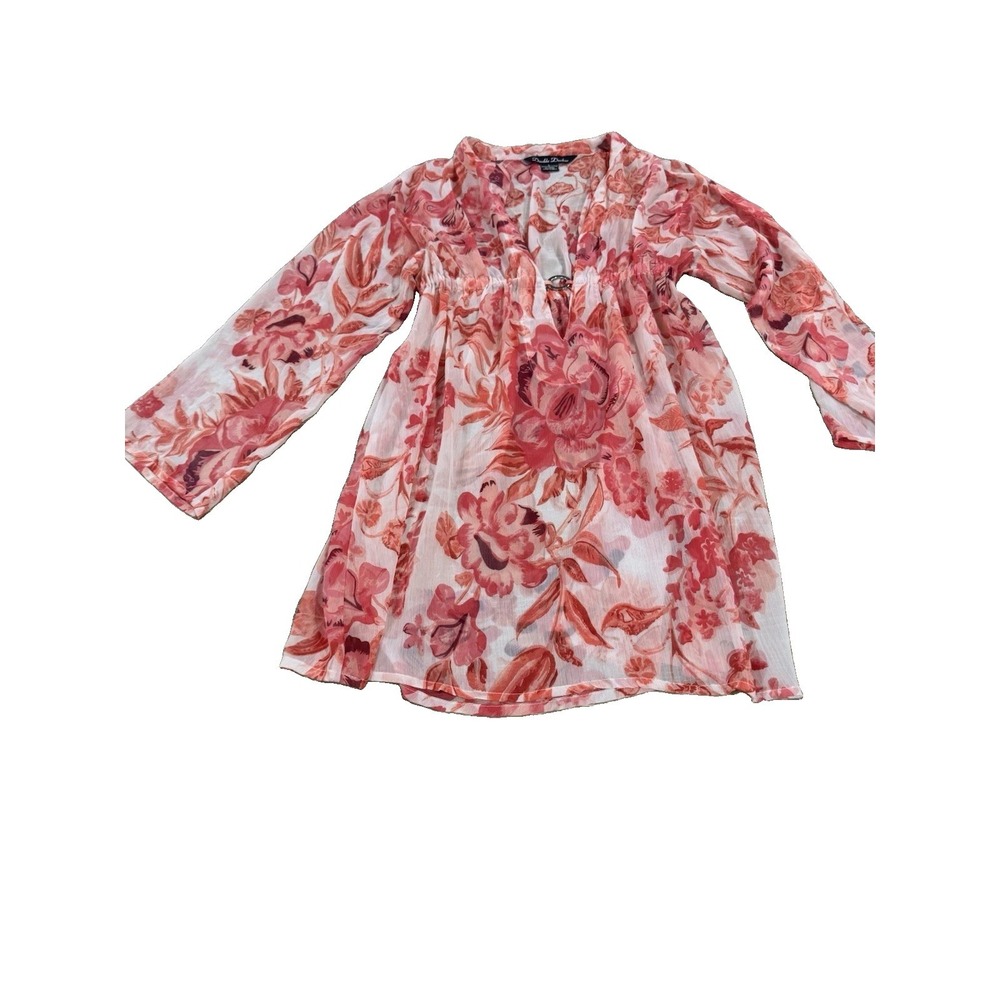 Double Decker Floral Tunic Top Size L Pink Coral Sheer 3/4 Sleeve Cover Up